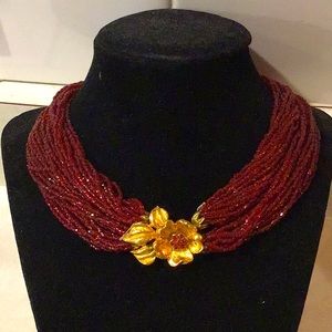 Vintage Ruby red Glass Micro bead necklace gold tone Closure rhinestones 15”